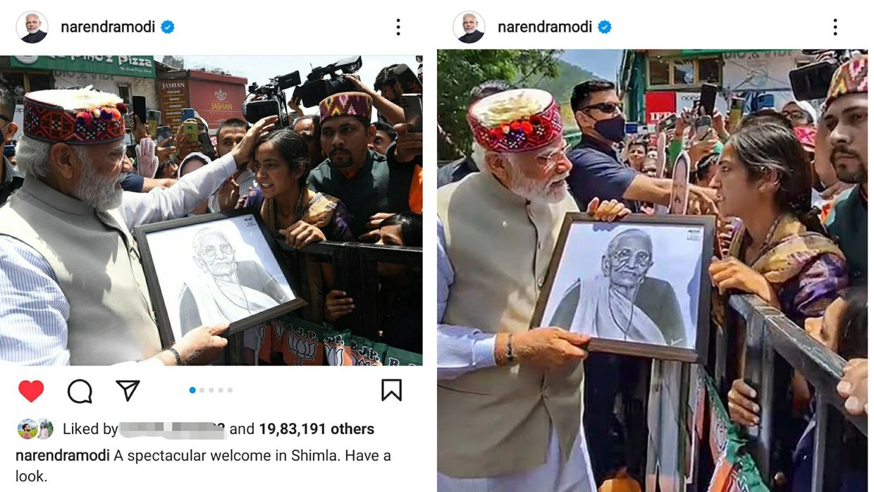 Narendra Modi holding a handmade portrait and blessing an artist.