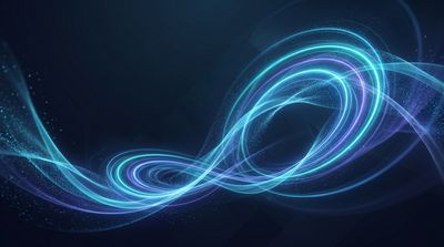 Glowing blue and purple swirling light trails on a dark background.