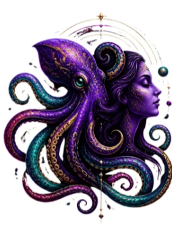 Fantasy art of a purple octopus merging with a woman's profile.