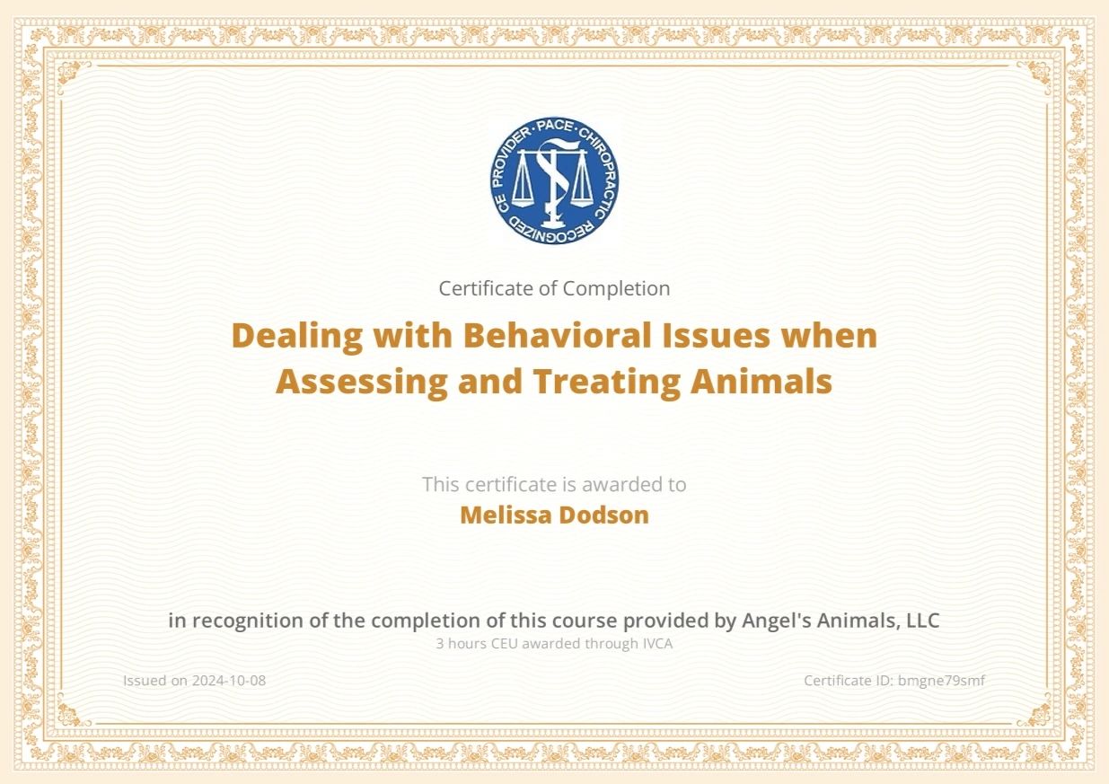Certificate awarded to Melissa Dodson for completing a course on behavioral issues in animals.