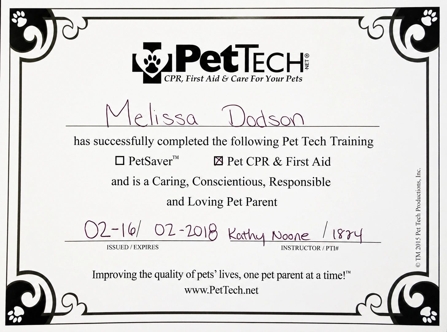 Certificate for Melissa Dodson completing Pet CPR & First Aid training.