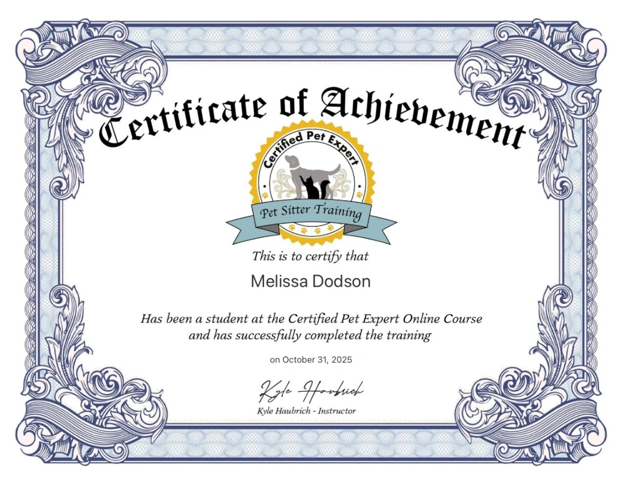 Certificate of Achievement for Melissa Dodson in Pet Sitter Training.