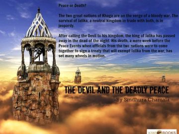 Fantasy scene of a winged figure on a pedestal against a sunset sky with text about war and peace.