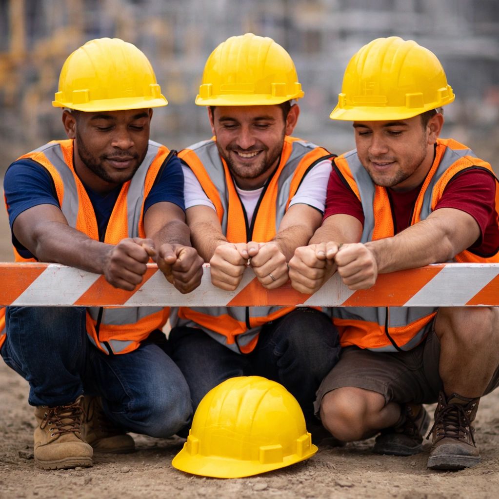 Three construction workers in hard hats and safety vests kneeling by a barricade.
