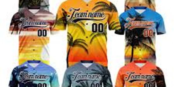 Colorful sports jerseys with tropical designs and team names.