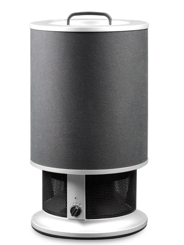Modern cylindrical air purifier with black mesh and silver accents.
