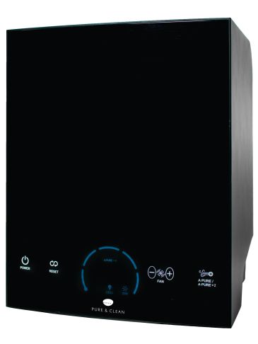 Sleek black air purifier with touch controls and digital display.