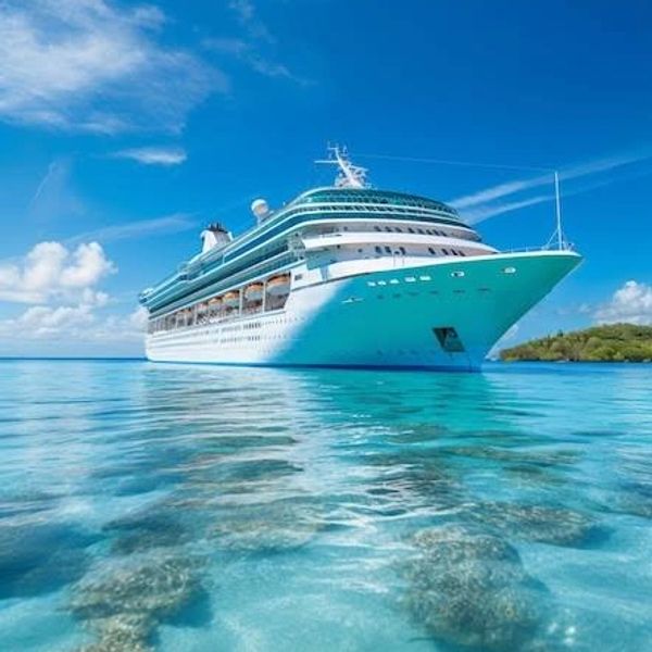 A large cruise ship sailing on clear blue waters under a bright sky.