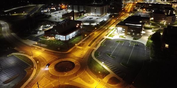 Kent State University traffic circle night drone photo