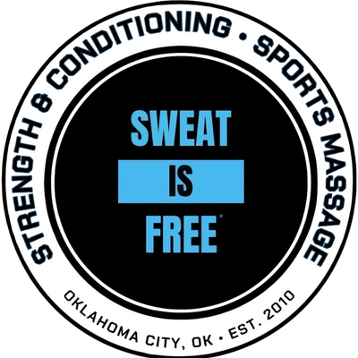 Logo with text 'SWEAT IS FREE' promoting strength, conditioning, and sports massage in Oklahoma City.