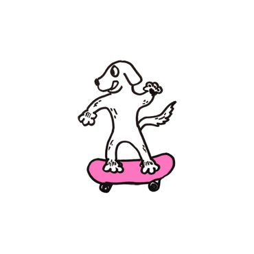 A dog skateboarding on a pink skateboard in a playful pose.