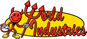 Logo of World Industries with a red devil character and stylized text.