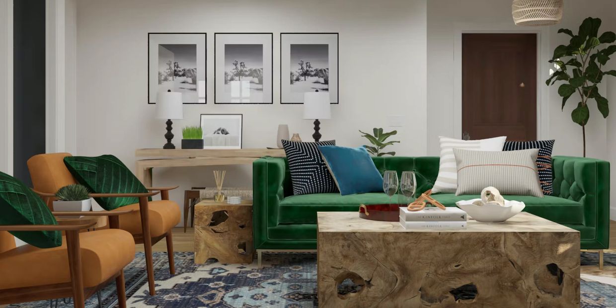 Rich green tones with MidCentury leather accent chairs