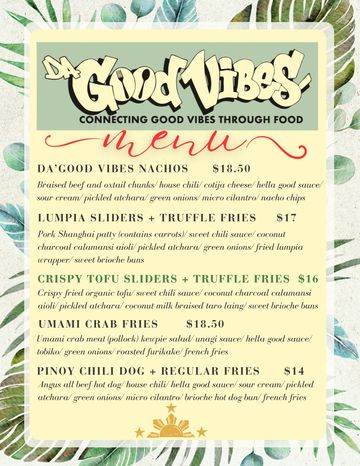 Menu featuring Da'Good Vibes dishes with nachos, sliders, fries, and hot dogs.