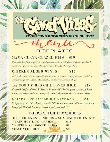 Menu for Good Vibes featuring rice plates and kids' sides with unique flavors.