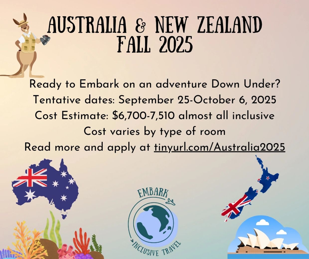 Australia and New Zealand September 25-October 6, 2025
Cost Estimate: $6,700-7,510 almost all inclus