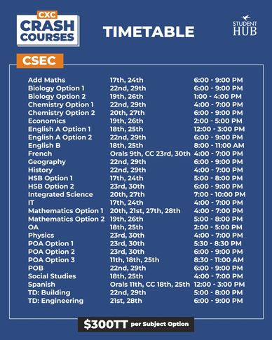 CXC Crash Courses timetable for CSEC subjects with dates and times.