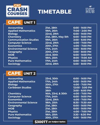 Timetable for CXC CAPE Unit 1 and Unit 2 crash courses with dates and times.