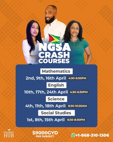 NGSA Crash Courses schedule for April in Math, English, Science, and Social Studies.