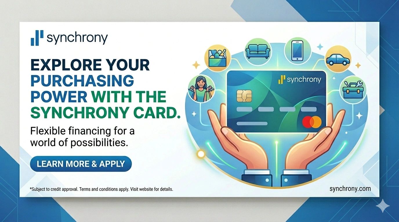 Advertisement for Synchrony card showcasing flexible financing and purchasing power.