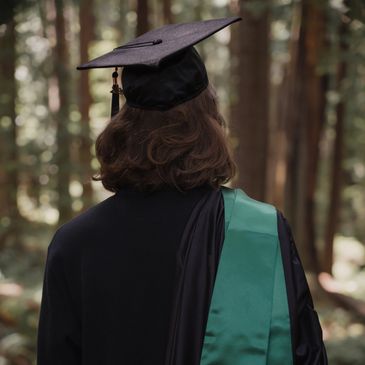 Graduate in cap and gown standing in a forest, back view.