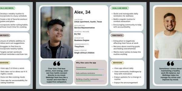 Three user personas showing goals, pain points, and behaviors for health app users.
