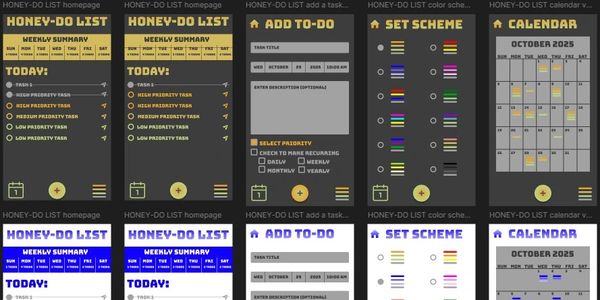 Comparison of Honey-Do List app interfaces in dark and light modes.