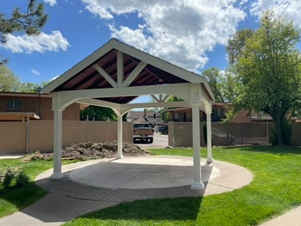 CountryLane Gazebos A-frame Pavilion on concrete patio in Logan Utah