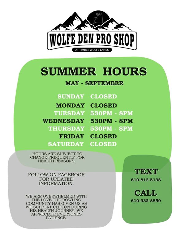 Wolfe Den Pro Shop summer hours and contact info for May to September.