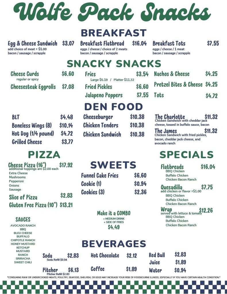 Menu board for Wolfe Pack Snacks with various breakfast, snacks, den food, pizza, sweets, specials, and beverages.