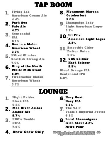 Tap Room and Lounge beer menu with various ales and IPAs.