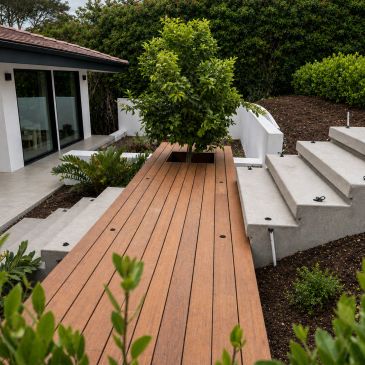 Modern outdoor wooden deck with built-in tree and concrete steps.