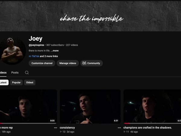 YouTube channel named Joey with motivational banner and dark-themed videos.