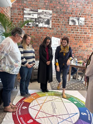 Women standing on an Enneagram mat in a brick-walled room during a workshop.