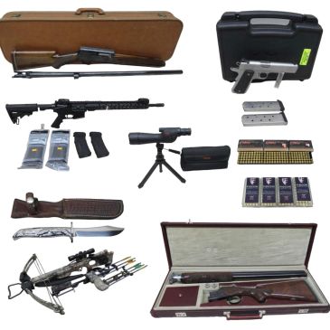 A collection of firearms, ammunition, and weapon accessories displayed on a white background.