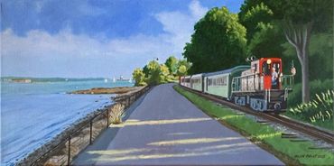 Paiting of aa beach with train by side