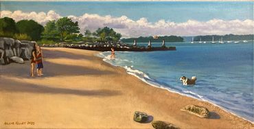 Painting of a dog and peole at beach