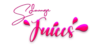 Bright neon logo for "Lounge Juices" with pink splash effects on black background.