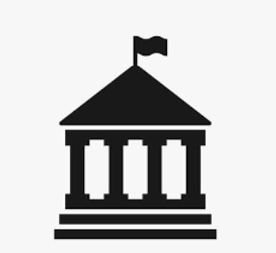 Black icon of a government building with columns and a flag.