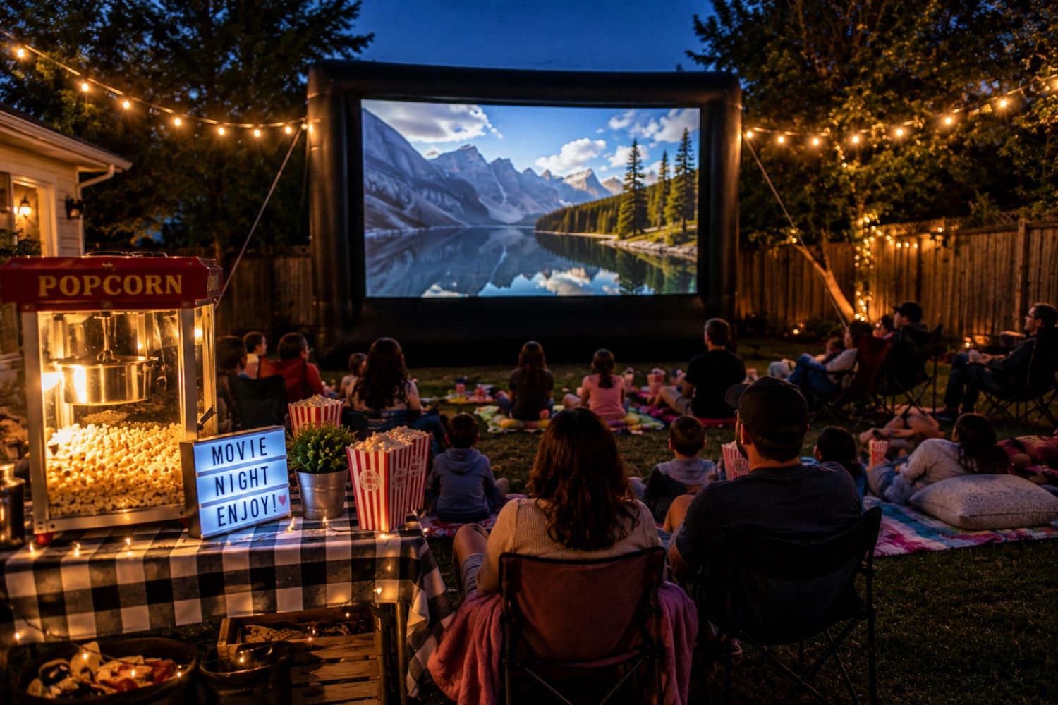 Outdoor movie night with popcorn and cozy seating under string lights.