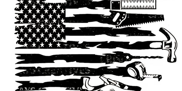 American flag with stripes made of carpentry tools in black and white.
