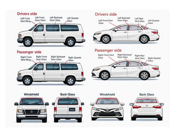 REPLACE FRONT WINDSHIELD. REPLACE LEFT FRONT DOOR GLASS. REPLACE RIGHT FRONT DOOR GLASS. REPLACE LEF