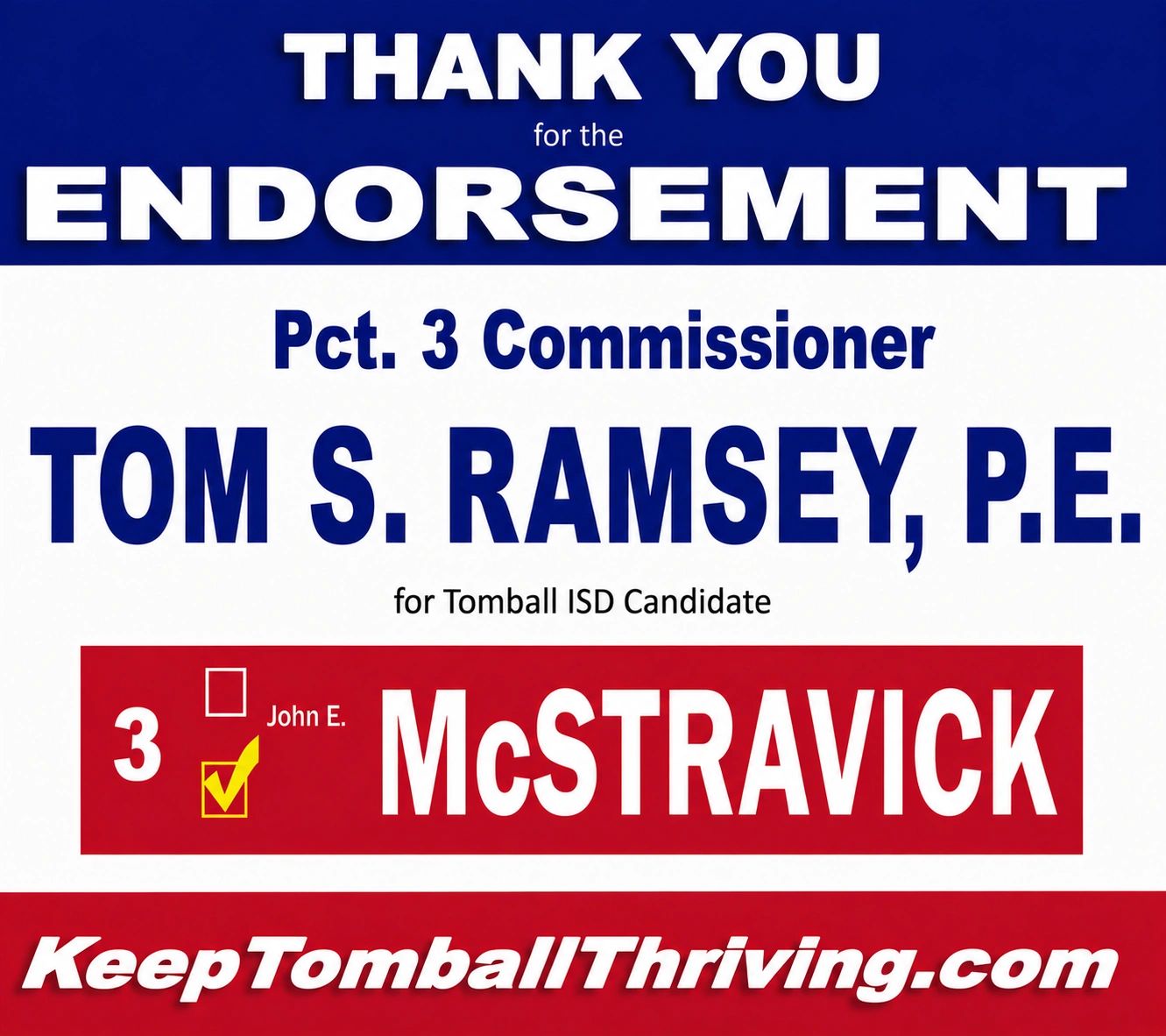 Thank you endorsement sign for Tom S. Ramsey from John E. McStravick.