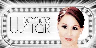Woman posing in front of a 'U Dance Star' sign with lights.