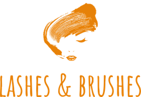Logo with a stylized woman's face and hair in orange, text 'Lashes &amp; Brushes'.