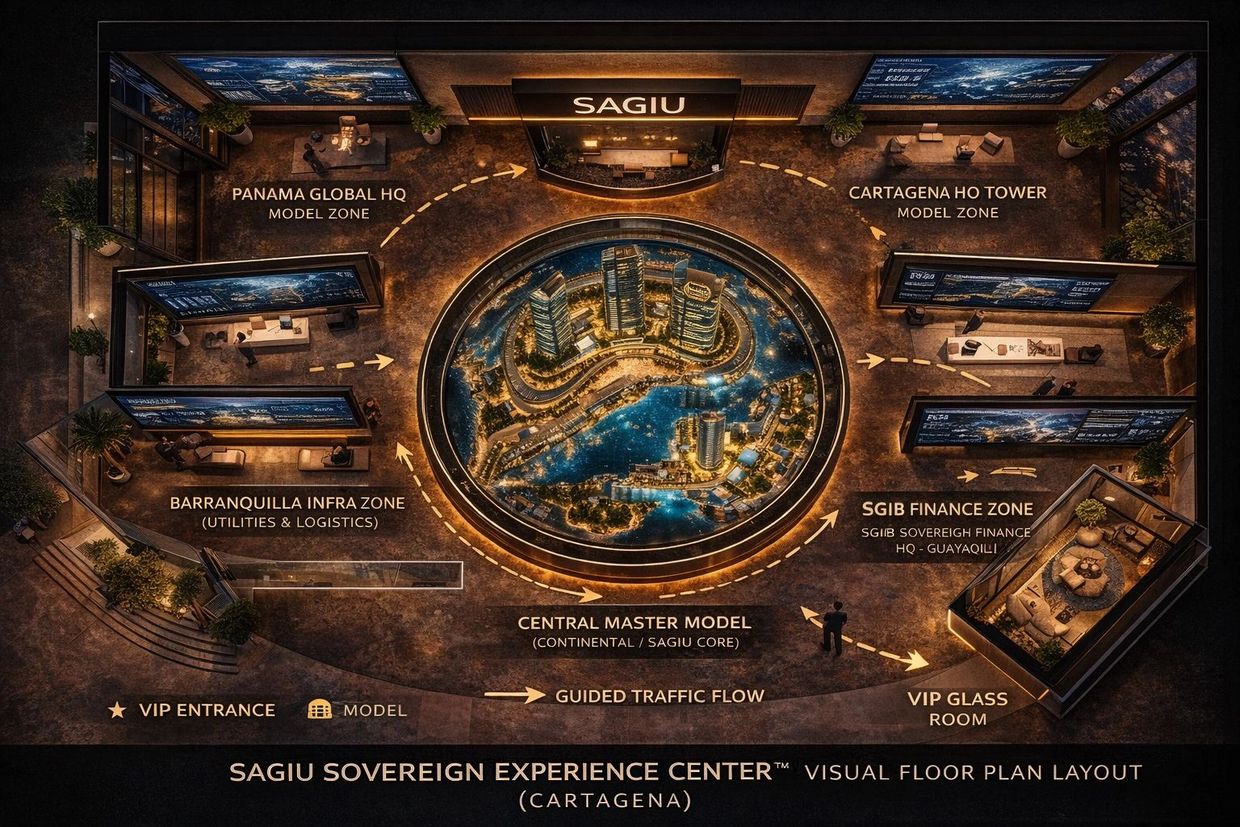 Visual floor plan of SAGIU Sovereign Experience Center in Cartagena with zones and guided traffic flow.