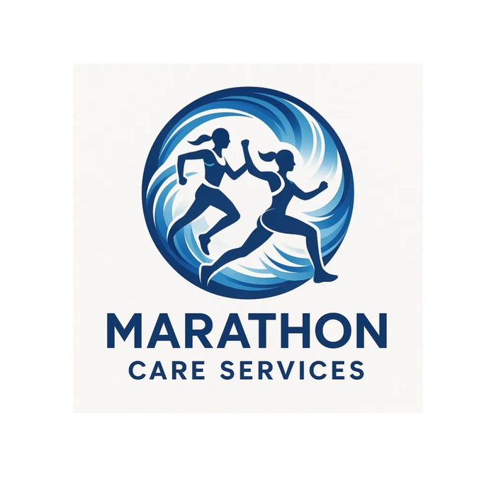 Logo showing two runners inside a blue circular swirl with text 'Marathon Care Services'.
