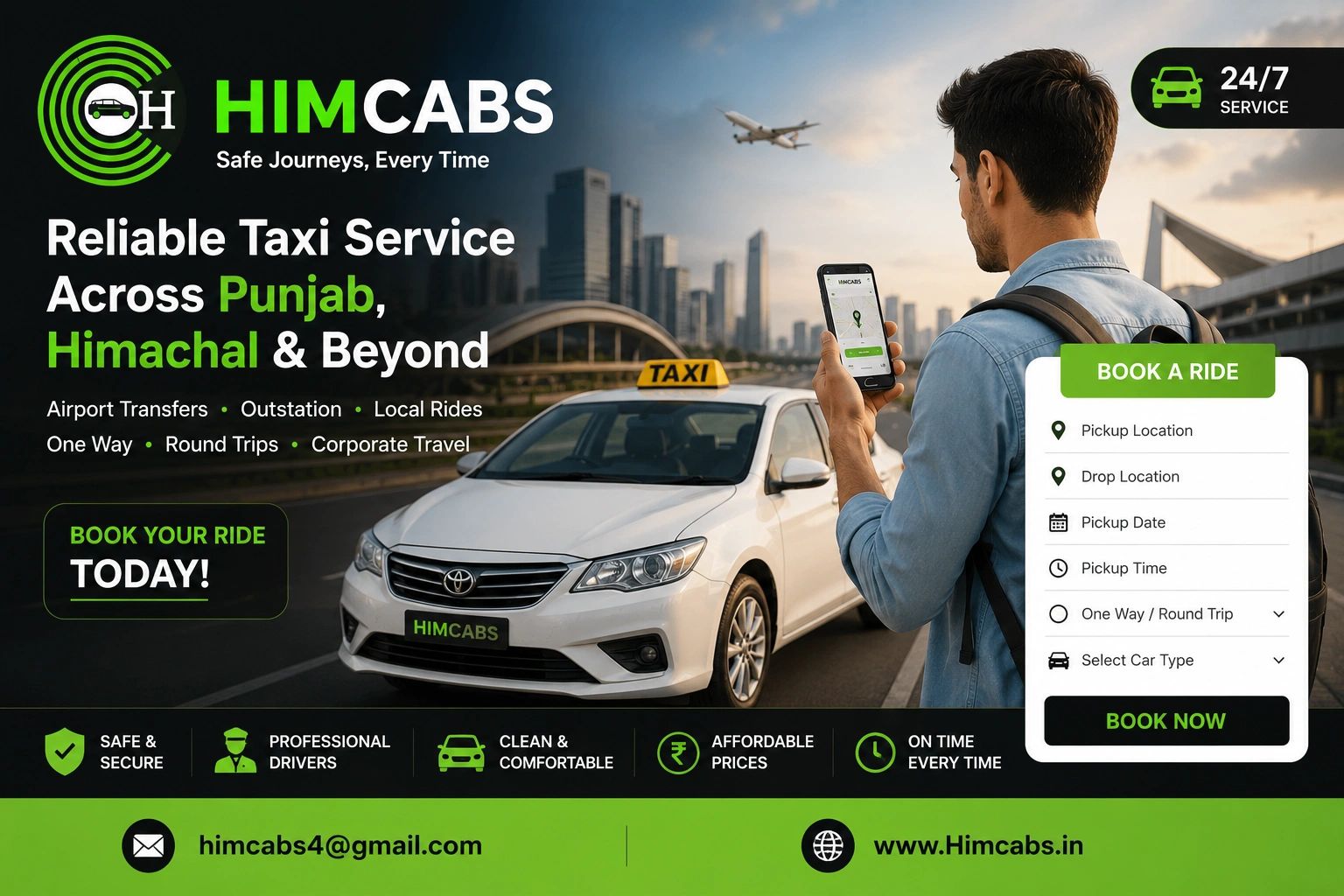 Reliable taxi service across Punjab and Himachal with 24/7 availability.