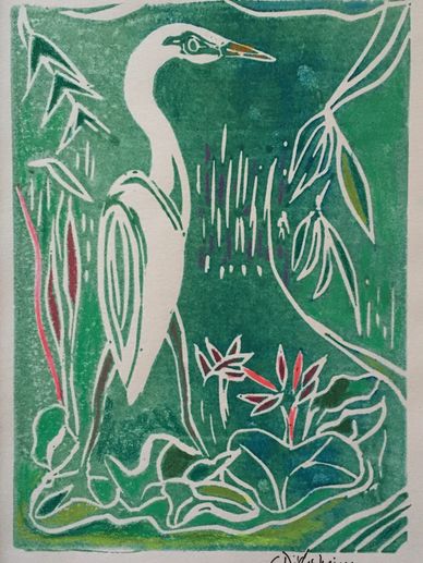 "Egret" Hand colored linoleum relief print