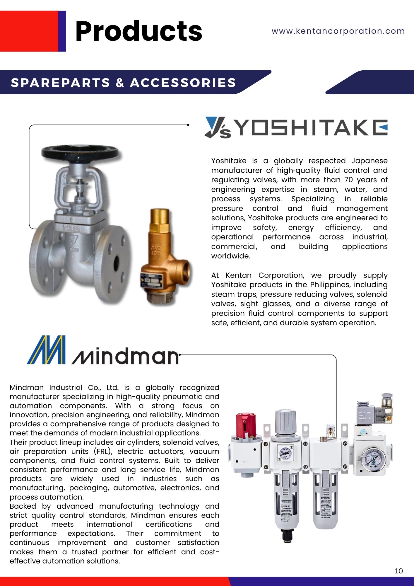 Product catalog page showcasing Yoshitake and Mindman spare parts and accessories.